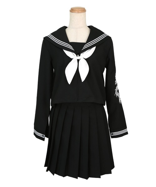 Tika（ティカ）の「コスプレ 制服 セーラー服 かわいい ドラゴン刺繍 体型カバー 長袖 プリーツ ミニ フレアスカート 4点セット（コスチューム/パーティーグッズ・レディース・ブラック×ホワイト/ブラック×ピンク・L/S）」の17枚目の写真