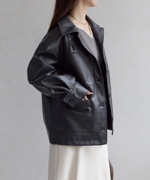 Thevon（ゼボン）の「スタンドネック合皮カバーオール（ブルゾン・レディース・ブラック/ブラウン・FREE）」の7枚目の写真