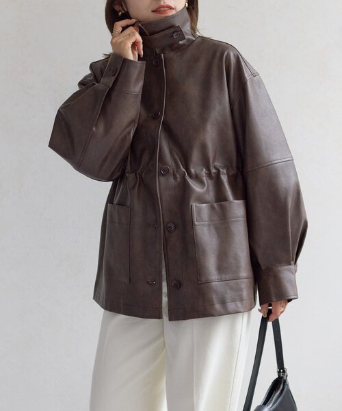 Thevon（ゼボン）の「スタンドネック合皮カバーオール（ブルゾン・レディース・ブラック/ブラウン・FREE）」の12枚目の写真