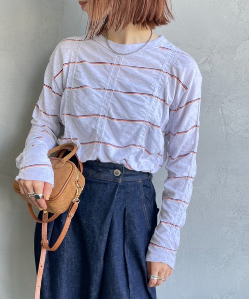 MEYAME/メヤメ] タックジャガードコットン ボーダー ロングスリーブT