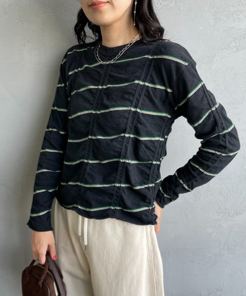 MEYAME/メヤメ] タックジャガードコットン ボーダー ロングスリーブT