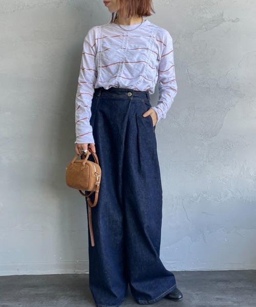 MEYAME/メヤメ] タックジャガードコットン ボーダー ロングスリーブT