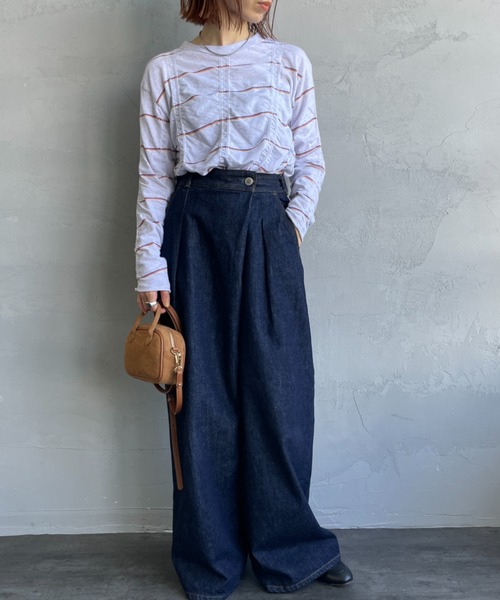 MEYAME/メヤメ] タックジャガードコットン ボーダー ロングスリーブT