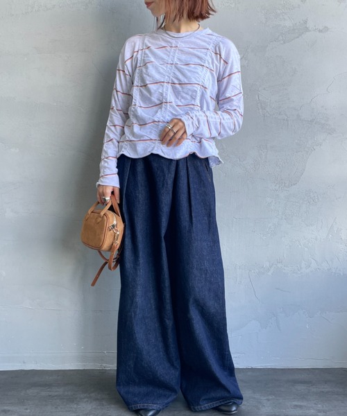 MEYAME/メヤメ] タックジャガードコットン ボーダー ロングスリーブT