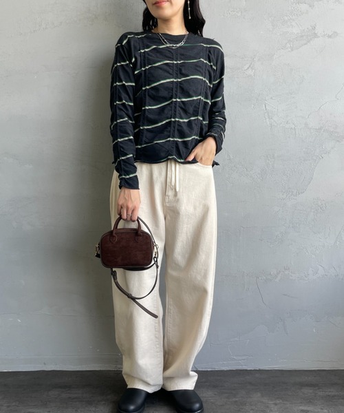 MEYAME/メヤメ] タックジャガードコットン ボーダー ロングスリーブT