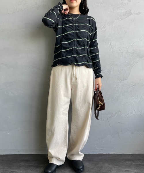 MEYAME/メヤメ] タックジャガードコットン ボーダー ロングスリーブT