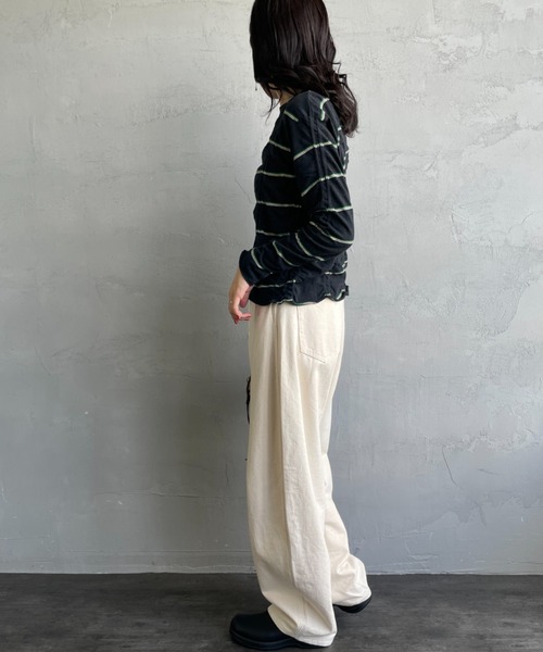 MEYAME/メヤメ] タックジャガードコットン ボーダー ロングスリーブT