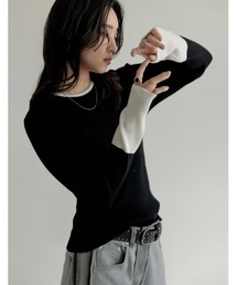 [2025AW COLLECTION]配色スリーブクルーネックリブニットトップス