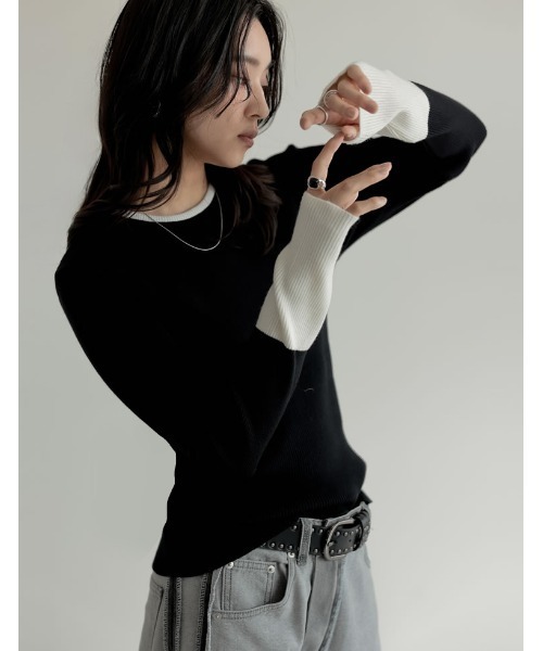 Re:EDIT（リエディ）の「[2025AW COLLECTION]配色スリーブクルーネックリブニットトップス（ニット/セーター・レディース・ブラウン系/グレー系その他/アイボリー系/グレー系/ブラック系/ブルー系/ブラウン系その他・MEDIUM/LARGE）」の2枚目の写真