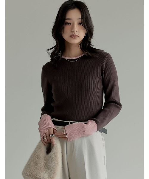 Re:EDIT（リエディ）の「[2025AW COLLECTION]配色スリーブクルーネックリブニットトップス（ニット/セーター・レディース・ブラウン系/グレー系その他/アイボリー系/グレー系/ブラック系/ブルー系/ブラウン系その他・MEDIUM/LARGE）」の6枚目の写真