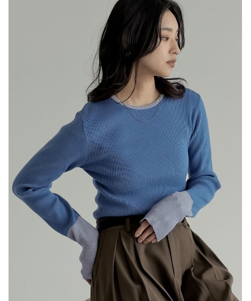 Re:EDIT（リエディ）の「[2025AW COLLECTION]配色スリーブクルーネックリブニットトップス（ニット/セーター・レディース・ブラウン系/グレー系その他/アイボリー系/グレー系/ブラック系/ブルー系/ブラウン系その他・MEDIUM/LARGE）」の7枚目の写真