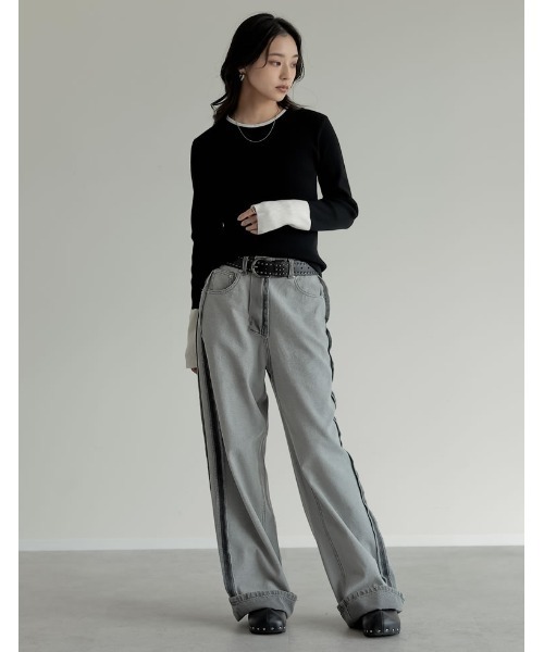 Re:EDIT（リエディ）の「[2025AW COLLECTION]配色スリーブクルーネックリブニットトップス（ニット/セーター・レディース・ブラウン系/グレー系その他/アイボリー系/グレー系/ブラック系/ブルー系/ブラウン系その他・MEDIUM/LARGE）」の8枚目の写真