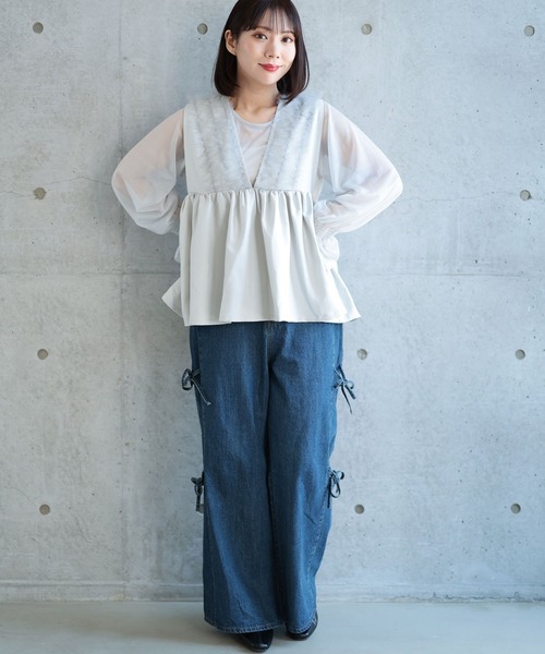 Ruwan yu(ルワンユー)の「ペプラムベスト&シアーブラウスセット【大きいサイズ対応】(シャツ/ブラウス・レディース・グレー・L/LL/3L/4L)」の2枚目の写真