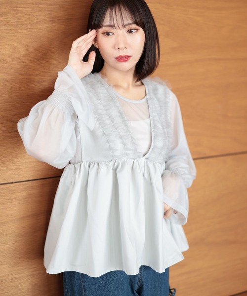 Ruwan yu(ルワンユー)の「ペプラムベスト&シアーブラウスセット【大きいサイズ対応】(シャツ/ブラウス・レディース・グレー・L/LL/3L/4L)」の12枚目の写真
