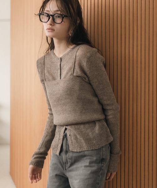 セール】ビスチェ付きレイヤードニットトップス / コンパクト クルー