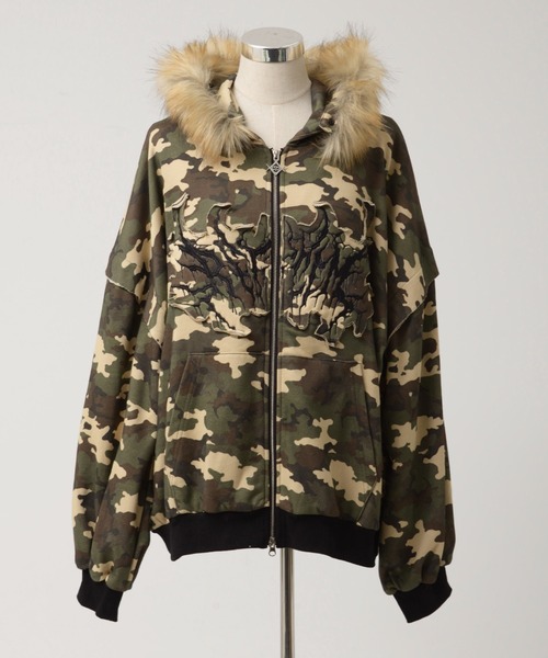 『REFLEM/レフレム』ファー付き総柄ZIPパーカー/ジップアップパーカー REFLEM/レフレム』ファー付き総柄ZIPパーカー/ジップアップパーカー