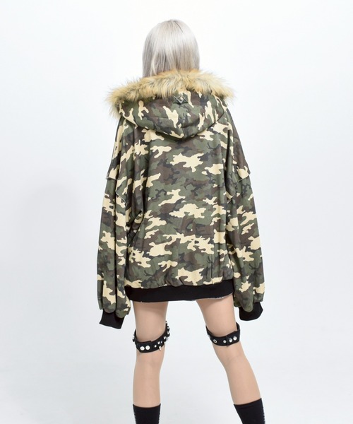 REFLEM/レフレム』ファー付き総柄ZIPパーカー/ジップアップパーカー