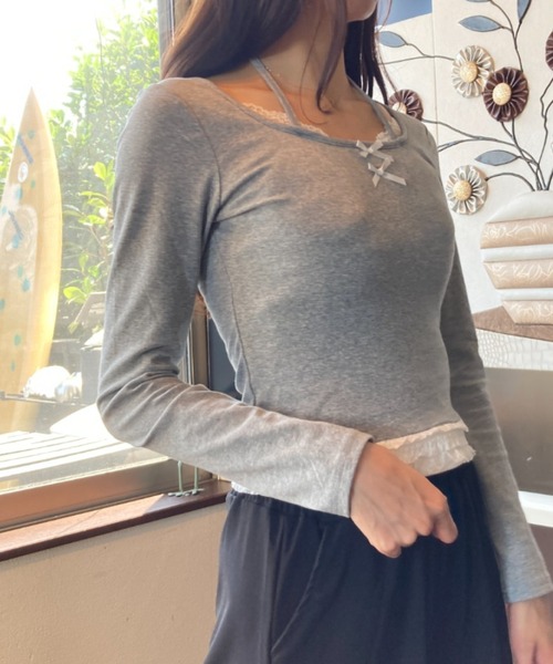 tolene(トレネ)の「レース使いフェイクレイヤードワイドネックロングスリーブトップス(Tシャツ/カットソー・レディース・グレー/ブラック・FREE)」の16枚目の写真
