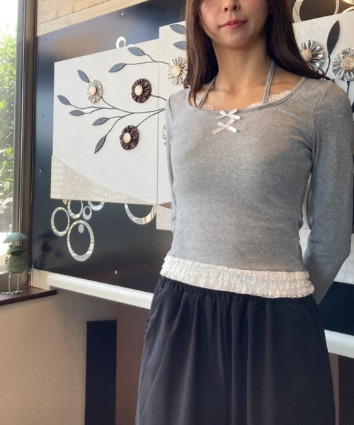 tolene(トレネ)の「レース使いフェイクレイヤードワイドネックロングスリーブトップス(Tシャツ/カットソー・レディース・グレー/ブラック・FREE)」の17枚目の写真
