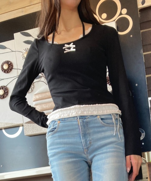 tolene(トレネ)の「レース使いフェイクレイヤードワイドネックロングスリーブトップス(Tシャツ/カットソー・レディース・グレー/ブラック・FREE)」の4枚目の写真