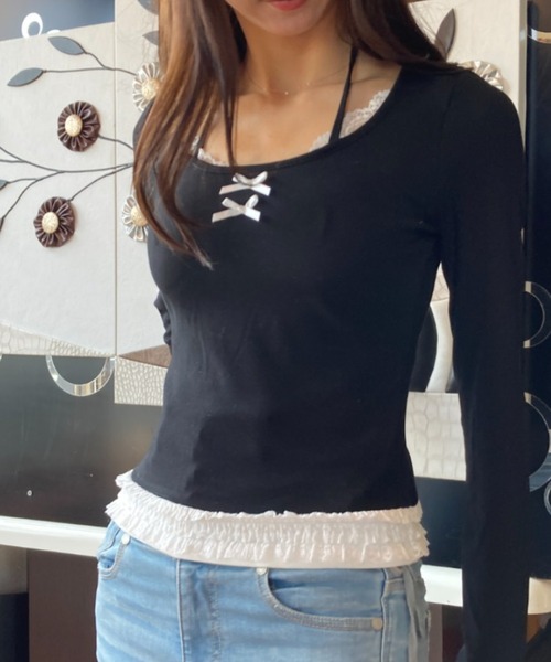 tolene(トレネ)の「レース使いフェイクレイヤードワイドネックロングスリーブトップス(Tシャツ/カットソー・レディース・グレー/ブラック・FREE)」の3枚目の写真