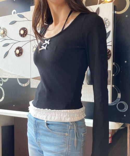 tolene(トレネ)の「レース使いフェイクレイヤードワイドネックロングスリーブトップス(Tシャツ/カットソー・レディース・グレー/ブラック・FREE)」の6枚目の写真