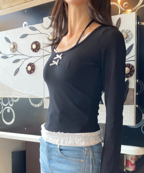 tolene(トレネ)の「レース使いフェイクレイヤードワイドネックロングスリーブトップス(Tシャツ/カットソー・レディース・グレー/ブラック・FREE)」の5枚目の写真