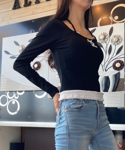 tolene(トレネ)の「レース使いフェイクレイヤードワイドネックロングスリーブトップス(Tシャツ/カットソー・レディース・グレー/ブラック・FREE)」の9枚目の写真