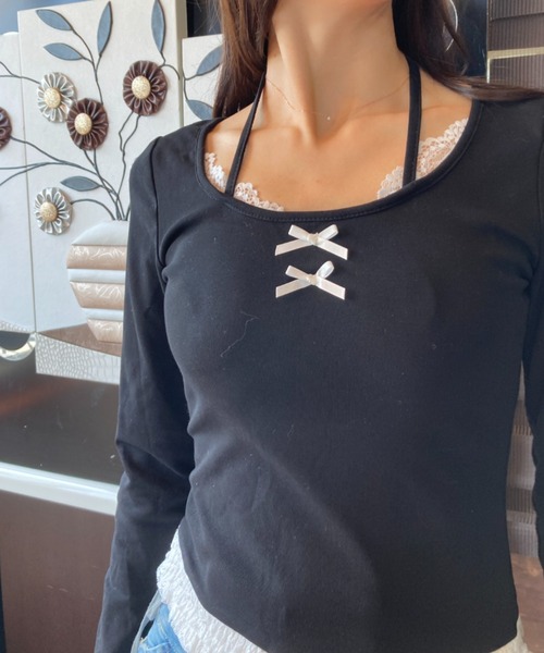 tolene(トレネ)の「レース使いフェイクレイヤードワイドネックロングスリーブトップス(Tシャツ/カットソー・レディース・グレー/ブラック・FREE)」の12枚目の写真