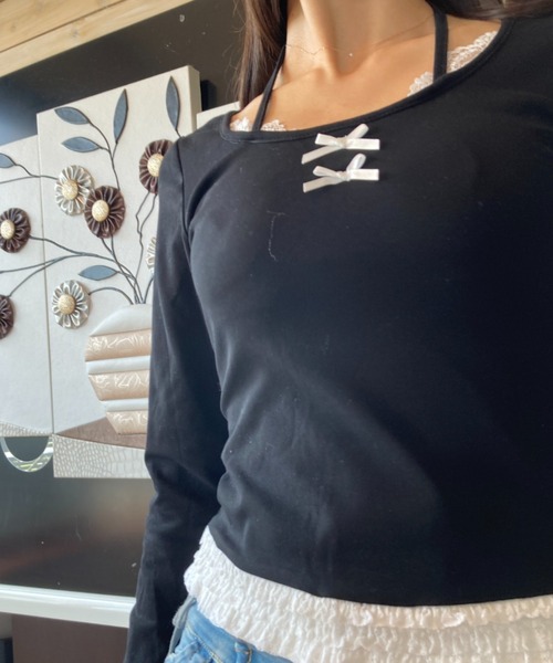 tolene(トレネ)の「レース使いフェイクレイヤードワイドネックロングスリーブトップス(Tシャツ/カットソー・レディース・グレー/ブラック・FREE)」の13枚目の写真