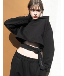 ベルトクロップフードスウェットシャツ-ブラック