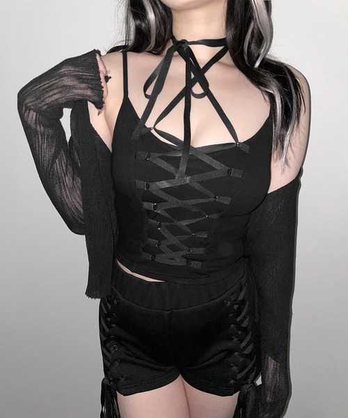 me+em select(ミームセレクト)の「【 2WAY /2color 】レースアップコルセットリボンチョーカーキャミソール / lace up corset ribbon choker camisole(キャミソール・レディース・ブラック/グレー・FREE)」の7枚目の写真