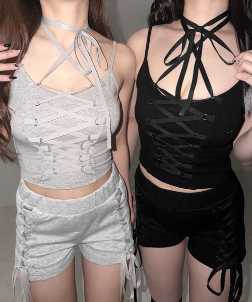 me+em select(ミームセレクト)の「【 2WAY /2color 】レースアップコルセットリボンチョーカーキャミソール / lace up corset ribbon choker camisole(キャミソール・レディース・ブラック/グレー・FREE)」の9枚目の写真