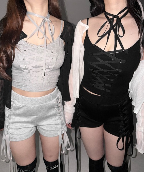 me+em select(ミームセレクト)の「【 2WAY /2color 】レースアップコルセットリボンチョーカーキャミソール / lace up corset ribbon choker camisole(キャミソール・レディース・ブラック/グレー・FREE)」の10枚目の写真