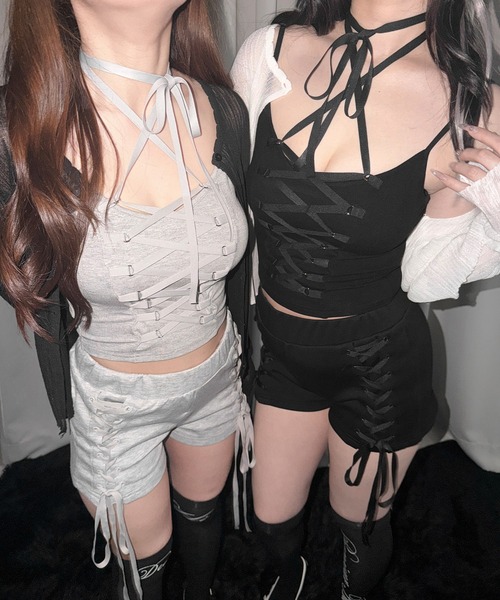 me+em select(ミームセレクト)の「【 2WAY /2color 】レースアップコルセットリボンチョーカーキャミソール / lace up corset ribbon choker camisole(キャミソール・レディース・ブラック/グレー・FREE)」の13枚目の写真