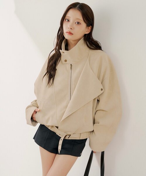 スタンドカラーレザールーズジャケット（その他アウター）｜Chico