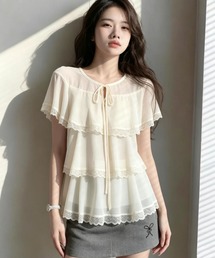 gossip！ロサンゼルス | レースフリルティアード リボン付きフライスリーブブラウス(シャツ/ブラウス)