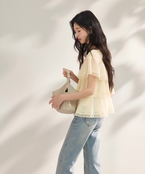 gossip!ロサンゼルス(ゴシップロサンゼルス)の「レースフリルティアード リボン付きフライスリーブブラウス(シャツ/ブラウス・レディース・オフホワイト・M/L)」の5枚目の写真
