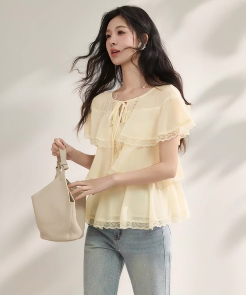 gossip!ロサンゼルス(ゴシップロサンゼルス)の「レースフリルティアード リボン付きフライスリーブブラウス(シャツ/ブラウス・レディース・オフホワイト・M/L)」の7枚目の写真