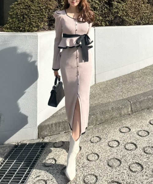 rienda（リエンダ）の「配色ペプラムタイトニットワンピース 春服