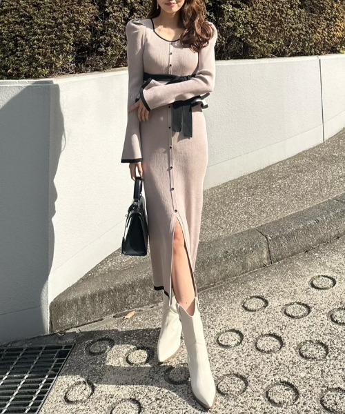 rienda（リエンダ）の「配色ペプラムタイトニットワンピース 春服