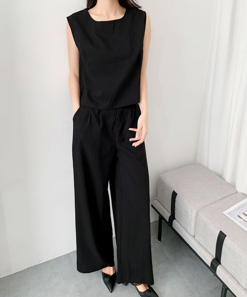 LOWO(ロワ)の「セットアップ ノースリーブブラウス タックワイドパンツ 上下セット(セットアップ・レディース・ベージュ/ブラック・FREE)」の5枚目の写真