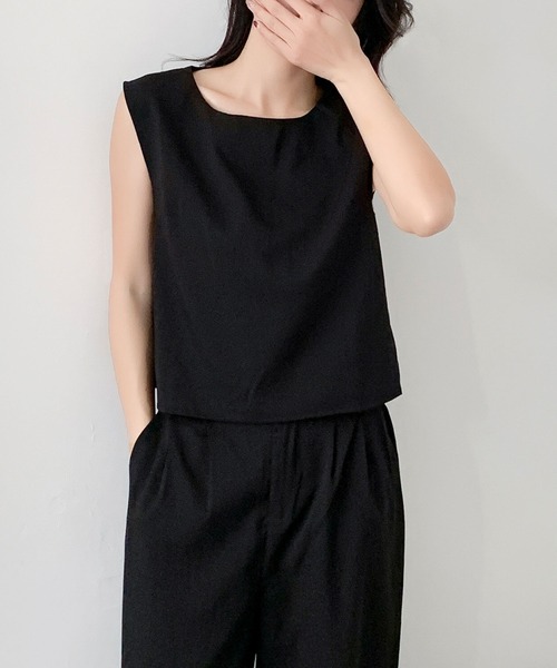 LOWO(ロワ)の「セットアップ ノースリーブブラウス タックワイドパンツ 上下セット(セットアップ・レディース・ベージュ/ブラック・FREE)」の6枚目の写真