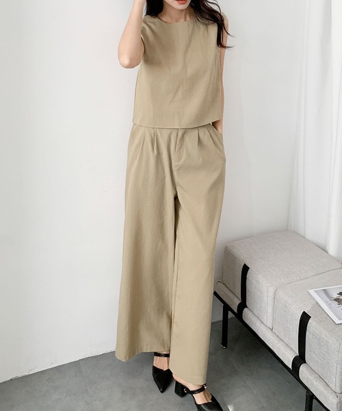 LOWO(ロワ)の「セットアップ ノースリーブブラウス タックワイドパンツ 上下セット(セットアップ・レディース・ベージュ/ブラック・FREE)」の10枚目の写真