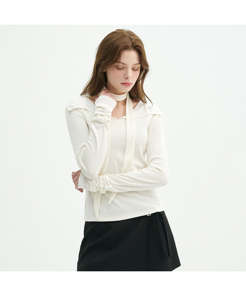 MICANE(ミケーネ)の「フレールフリルストラップT(Tシャツ/カットソー・レディース・アイボリー/ブラック・MEDIUM/SMALL/LARGE/X-LARGE)」の2枚目の写真