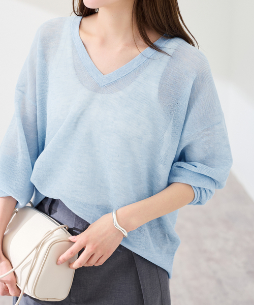 FRAMeWORK（フレームワーク）の「シアーアゼVネックプルオーバー（ニット/セーター・レディース・サックスブルー/ブラック/ピンク/ホワイト・FREE）」の3枚目の写真