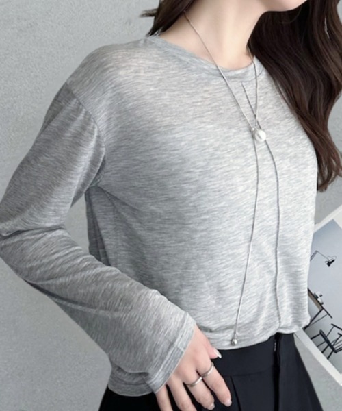 umune(ウムネ)の「シアーTシャツ 長袖 リヨセル テンセル混 無地 透け感 カットソー プルオーバー インナー 重ね着 トップス 夏(Tシャツ/カットソー・レディース・ライム/モカ/杢グレー・FREE)」の5枚目の写真