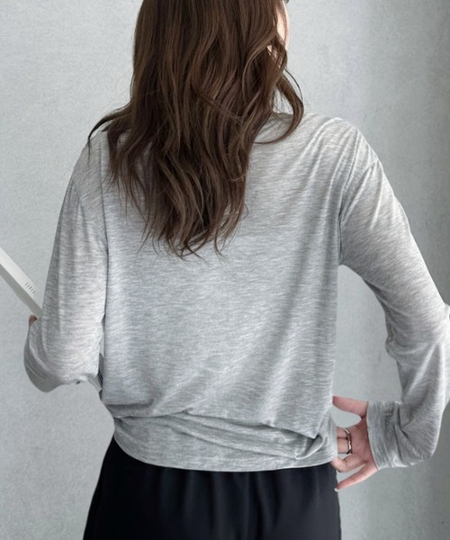 umune(ウムネ)の「シアーTシャツ 長袖 リヨセル テンセル混 無地 透け感 カットソー プルオーバー インナー 重ね着 トップス 夏(Tシャツ/カットソー・レディース・ライム/モカ/杢グレー・FREE)」の6枚目の写真