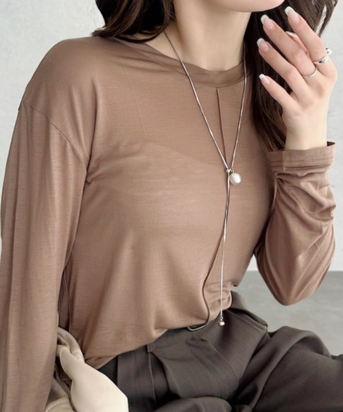umune(ウムネ)の「シアーTシャツ 長袖 リヨセル テンセル混 無地 透け感 カットソー プルオーバー インナー 重ね着 トップス 夏(Tシャツ/カットソー・レディース・ライム/モカ/杢グレー・FREE)」の9枚目の写真