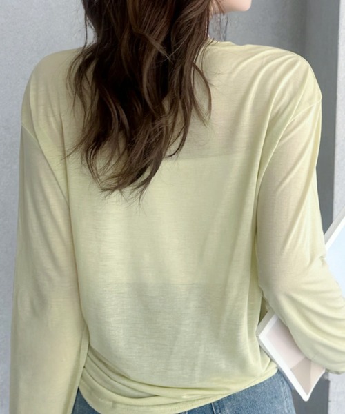 umune(ウムネ)の「シアーTシャツ 長袖 リヨセル テンセル混 無地 透け感 カットソー プルオーバー インナー 重ね着 トップス 夏(Tシャツ/カットソー・レディース・ライム/モカ/杢グレー・FREE)」の11枚目の写真